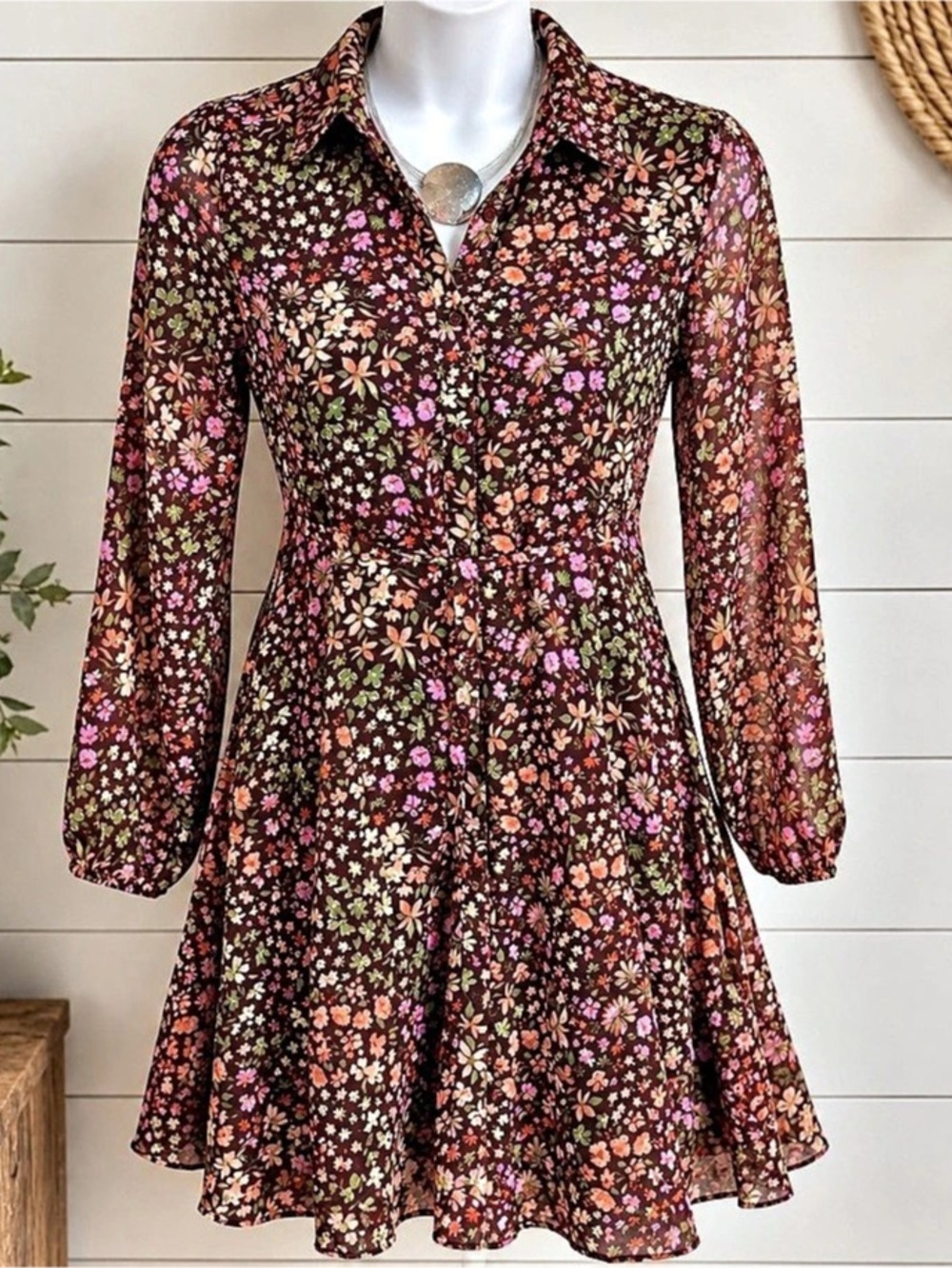 Cato Floral Shirt Dress Small Burgundy Floral Long Sleeve Cottagecore